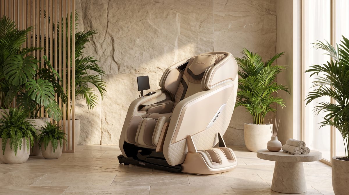 A luxury massage chair in a serene spa-like room