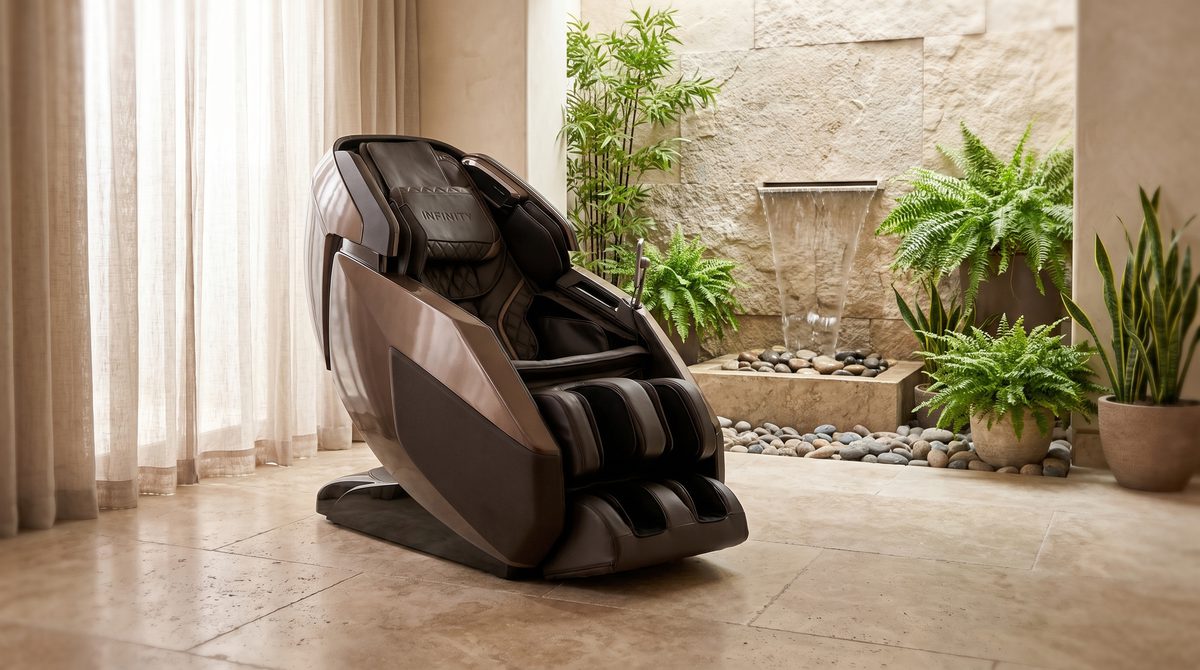 A luxury massage chair in an elegant reading nook
