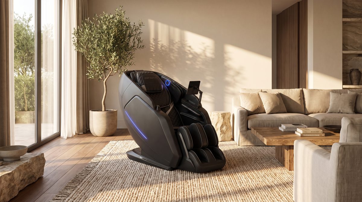 A premium massage chair in a warm contemporary living room