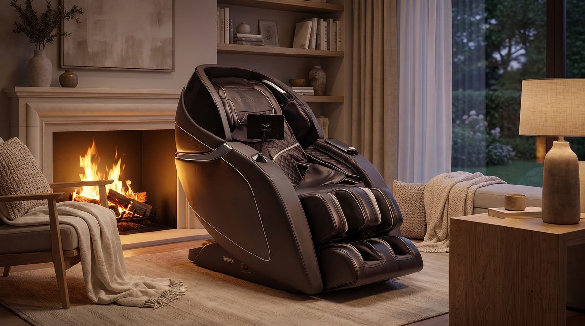 A premium massage chair by a fireplace in a warm evening living room