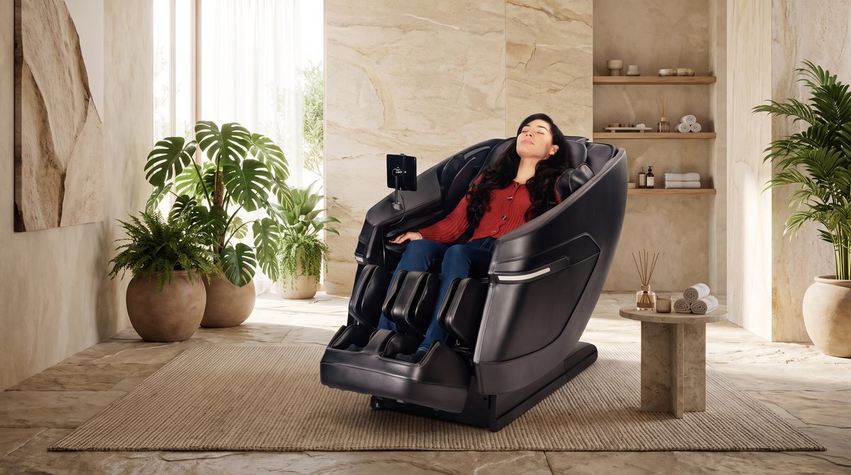 A luxury massage chair in a serene spa-like room