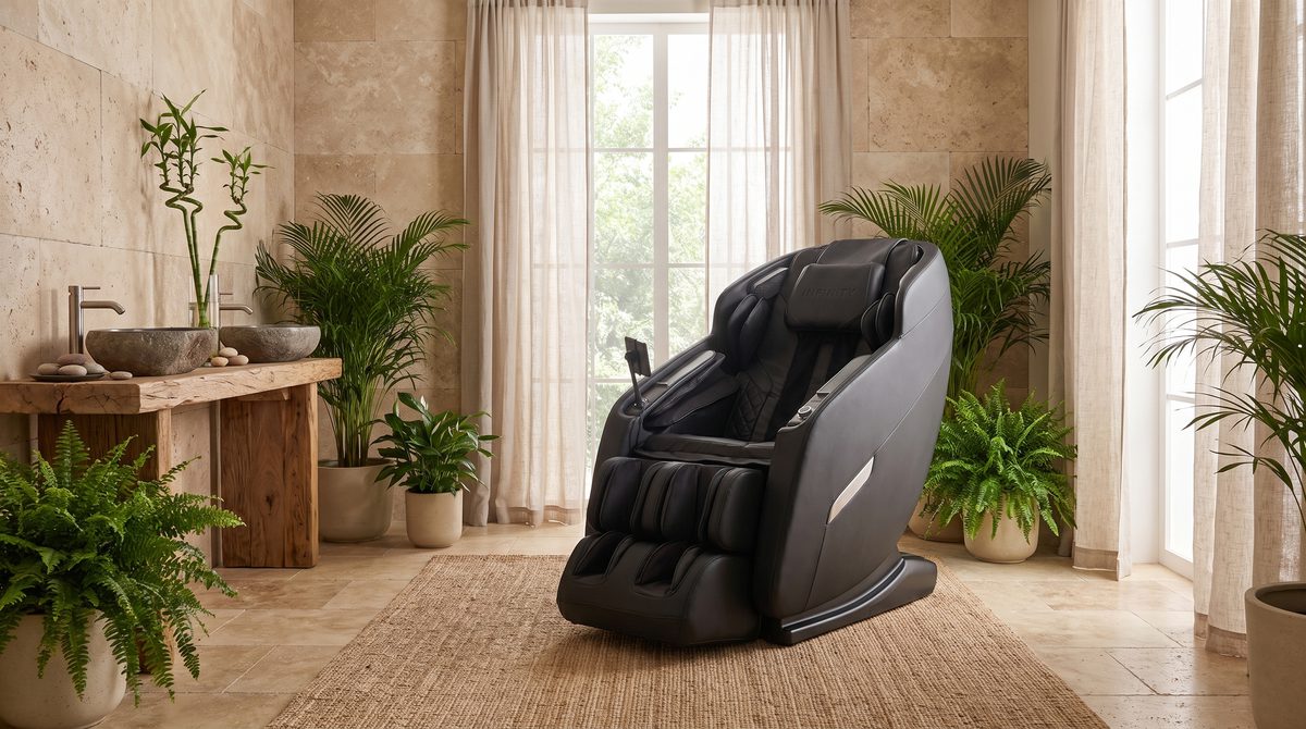 A luxury massage chair in a serene spa-like room