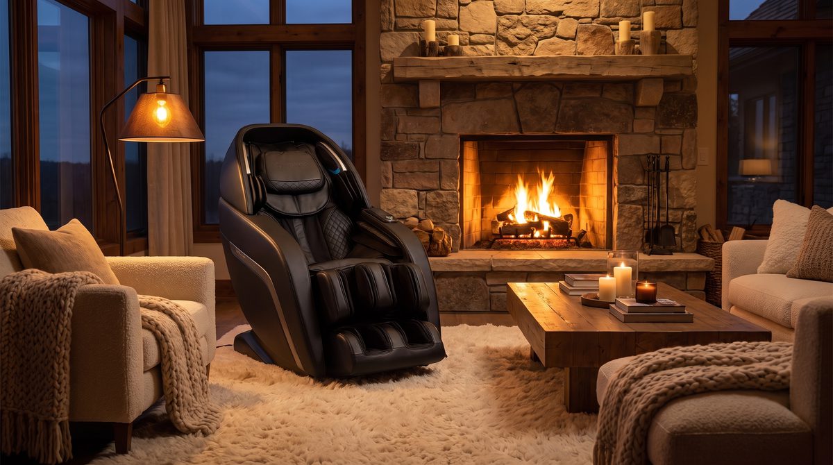 A premium massage chair by a fireplace in a warm evening living room