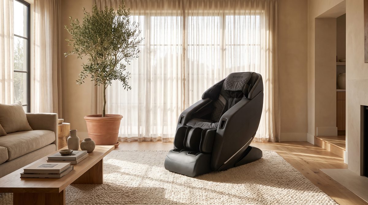 A premium massage chair in a warm contemporary living room