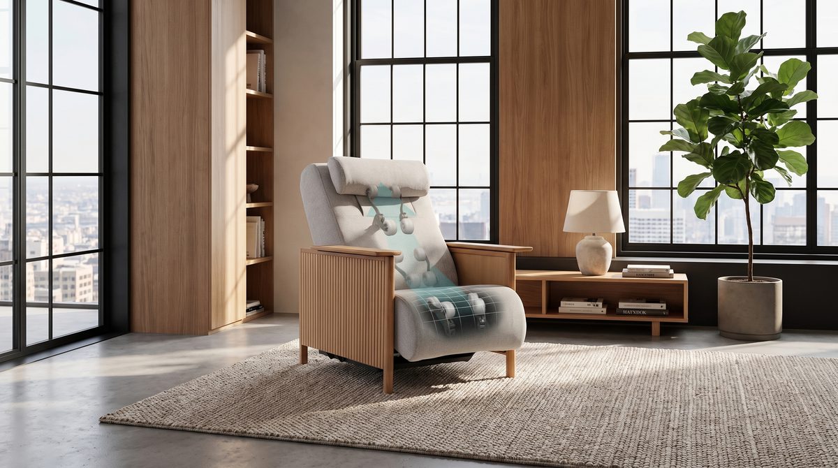 A luxury massage chair in a modern minimalist loft
